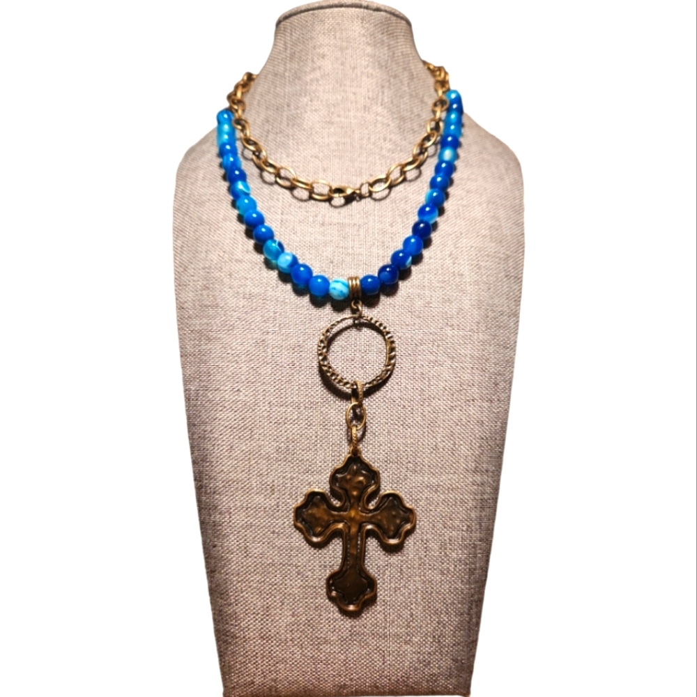BOHO PRINCESS BOHEMIAN CROSS BLUE MARBLED GLASS BEAD NECKLACE